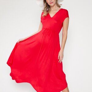 Maternity Red Shirring Waist Tie Ruffle Shark Bite Maxi Dress